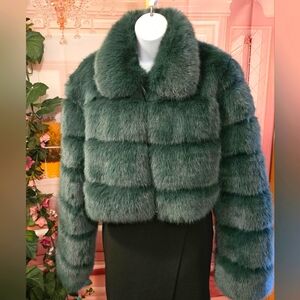 Fashion Women's Faux Fur Short Coat Jacket in Green Size Large